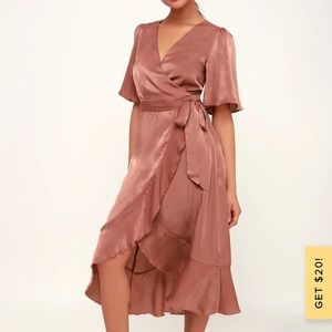 Lulu’s Wrapped Up In Love Mauve Satin Faux-Wrap Midi Dress- like new- size med